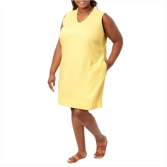 Briggs Ladies' Ruffle V-Neck Linen Blend Dress - Yellow XL - Picture 2 of 5
